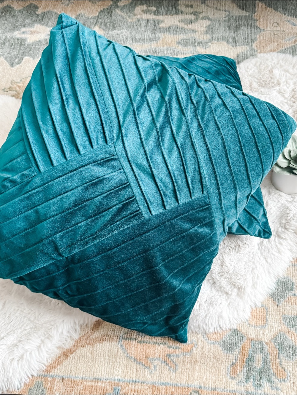 Teal Pleated Velvet Decorative Throw Pillow - Modern Home Bedding- Set of 2